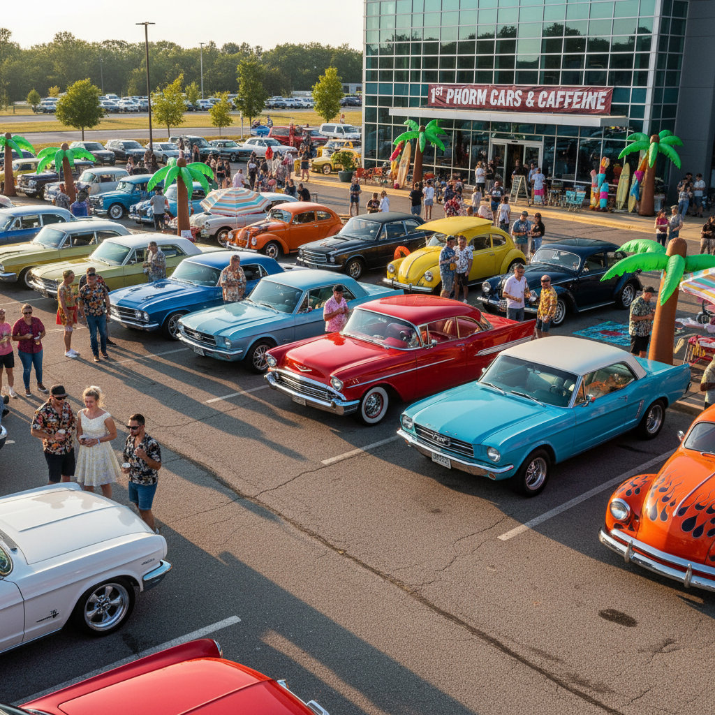 Cars and Caffeine event at 1st Phorm HQ with retro summer theme, cars lined up in parking lot