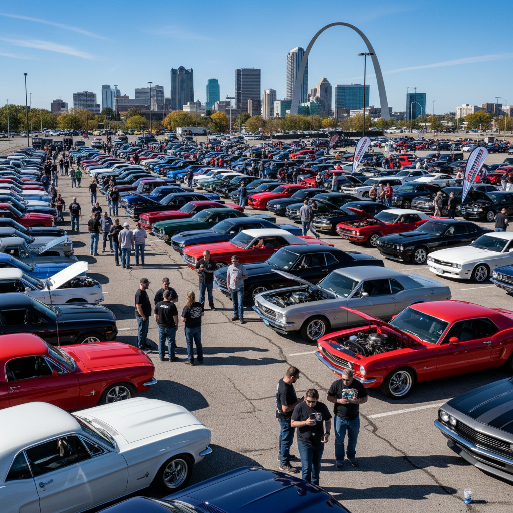 Large group of Midwest Car Club members gathered at an organized meet in St. Louis with dozens of vehicles