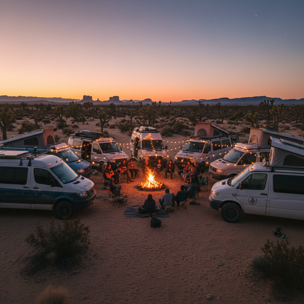 Cars gathered at a spring evening car meet with people socializing