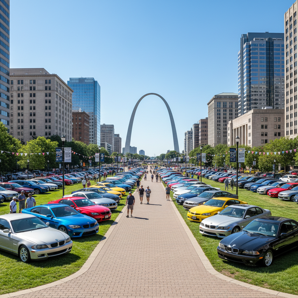 Wide shot of a large outdoor car show with hundreds of vehicles parked in rows at Kiener Plaza St. Louis