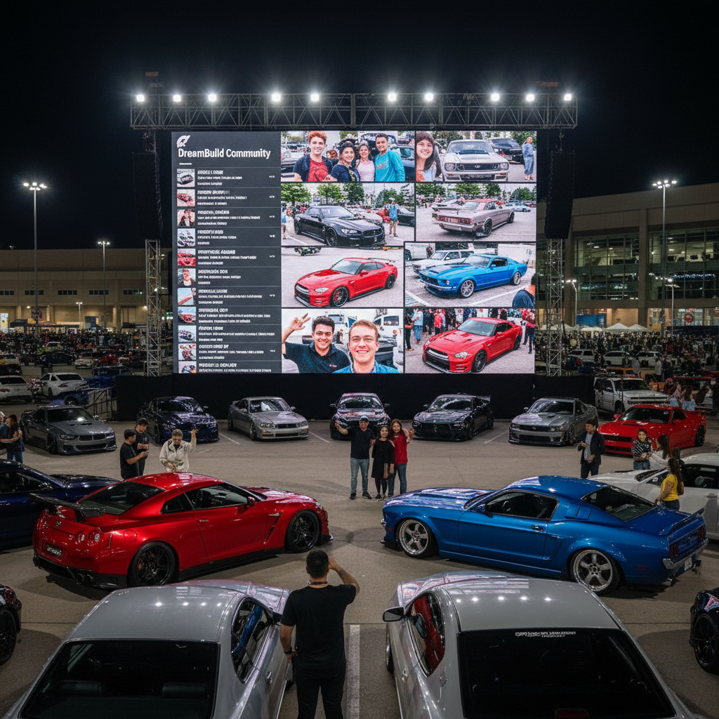 Car club members gathered around their builds at a community meet event