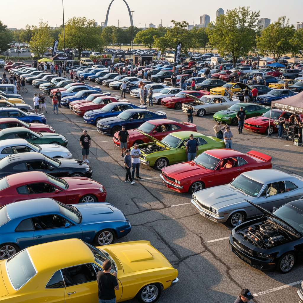 Large group of Midwest Car Club members gathered at an organized meet in St. Louis with dozens of vehicles