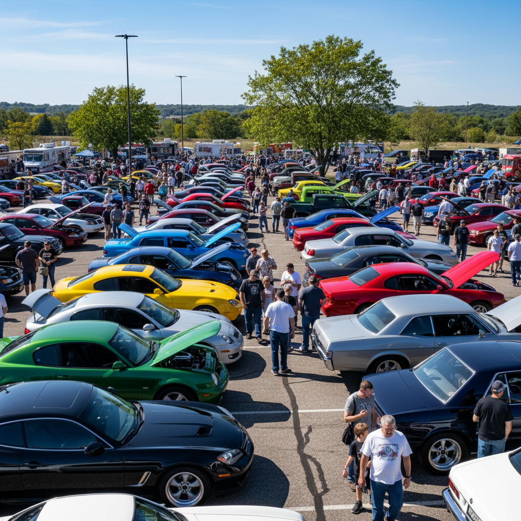 Large group of car enthusiasts gathered around modified vehicles at a Midwest Car Club meet